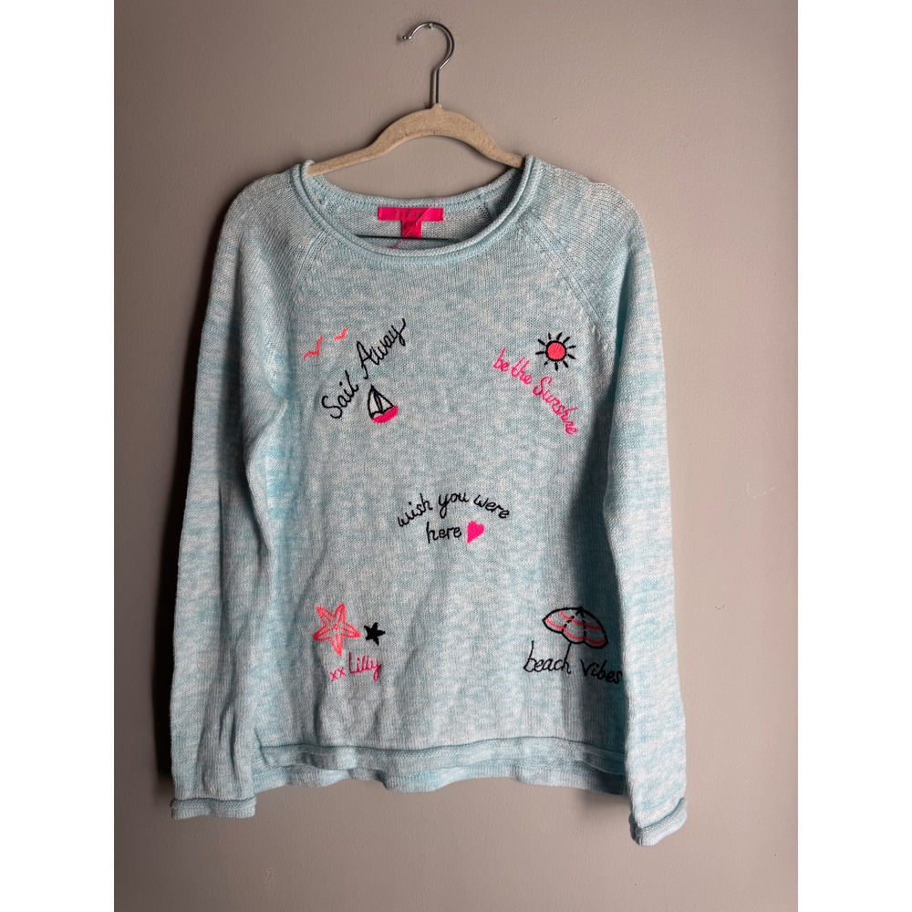 Lilly Pulitzer Light Blue Marled Embroidered Beach Vibes Sweater Small